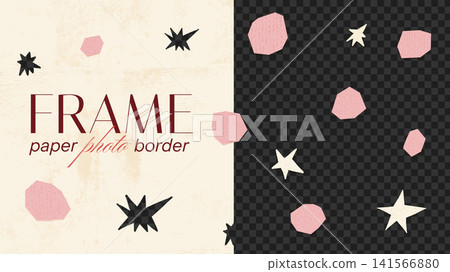 Scrapbook frame with cutout paper confetti shapes and a scattered star pattern. Beige background texture with stars in a vector overlay for a greeting card. Pastel collage border for photo Scrapbook frame with cutout paper confetti shapes and a scattered star pattern. Beige background texture with stars in a vector overlay for a greeting card. Pastel collage border for photo 141566880