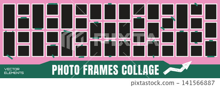 Photo frame moodboard set as dense wall from upright placeholders. Green tape pin white borders on a pink background. Geometric vector photo frames collection for social media post 141566887
