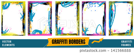 Vertical grunge frames with graffiti paint for photo collage. Spray text box borders and frame edges in yellow, pink and blue on halftone background. Vector set of vertical poster templates Vertical grunge frames with graffiti paint for photo collage. Spray text box borders and frame edges in yellow, pink and blue on halftone background. Vector set of vertical poster templates 141566888