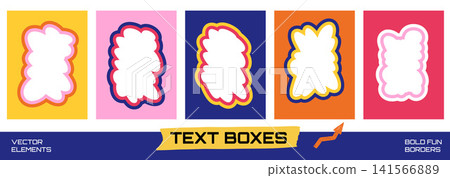 Text box with funky wavy border for groovy vibe quotation rectangle and bold poster banner. Organic scallop frame and retro doodle outline in bright colors. Vector text boxes set for callout and promo 141566889