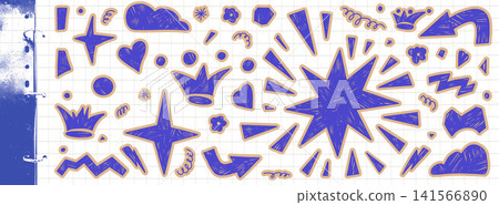 Paper cutout scrapbook figures with crayon and doodle marks for abstract sticker pack. Geometric shape elements on grid notebook paper and cutout collage. Playful vector design set isolated 141566890