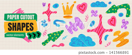 Wobbly scribble arrow and paper cutout shapes with crayon doodle. Colorful scrapbook scribble star, cloud elements and paper collage for kid journaling. Vector set of sticker shapes for notebook Wobbly scribble arrow and paper cutout shapes with crayon doodle. Colorful scrapbook scribble star, cloud elements and paper collage for kid journaling. Vector set of sticker shapes for notebook 141566891