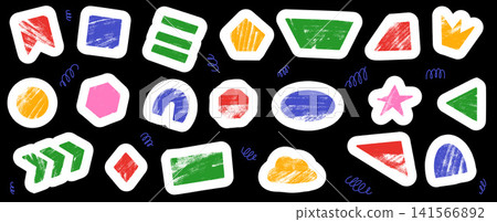 Playful naive sticker shape with geometric kindergarten paper figure. Crayon square, circle collage and cutout elements in bright color on black. Vector scrapbook set for kids classroom and flashcard Playful naive sticker shape with geometric kindergarten paper figure. Crayon square, circle collage and cutout elements in bright color on black. Vector scrapbook set for kids classroom and flashcard 141566892