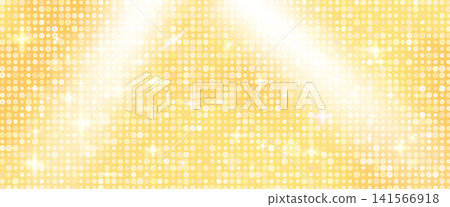 Gold glitter sequin panel with a dense circle grid and broad light columns. Warm gold tones and glitter sparks form a radiant metallic surface. Shimmering vector backdrop for Christmas event banner 141566918