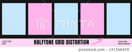 Grid halftone set of five pastel pink and blue panels. Grunge dots form warped mesh lines and sparse textures. Whimsical vector grid and half tone collection for social media carousel or sale design Grid halftone set of five pastel pink and blue panels. Grunge dots form warped mesh lines and sparse textures. Whimsical vector grid and half tone collection for social media carousel or sale design 141566959