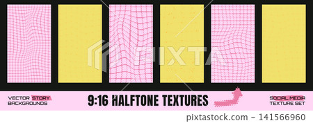 Grid halftone set of mesh panels. Pink and yellow grunge dots form warped patterns with sparse textures. Groovy vector grid and halftone collection for social media story or sporty poster promo bg Grid halftone set of mesh panels. Pink and yellow grunge dots form warped patterns with sparse textures. Groovy vector grid and halftone collection for social media story or sporty poster promo bg 141566960
