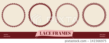 Promo frames with lace circle border and scallop doily pattern. Round badge shapes in dark red crochet for sticker and label. Vector lace frame tag set with vintage eyelet detail on cream background 141566975