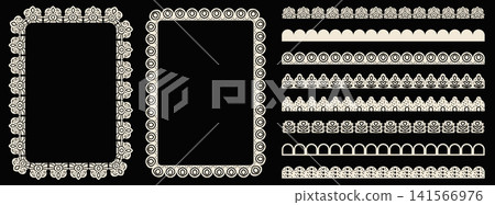 Elegant lace frames and crochet borders with scallop trim edge. Vintage floral brush pattern in white for wedding invitation. Vector lace frame set with ruffle elements isolated on black background Elegant lace frames and crochet borders with scallop trim edge. Vintage floral brush pattern in white for wedding invitation. Vector lace frame set with ruffle elements isolated on black background 141566976
