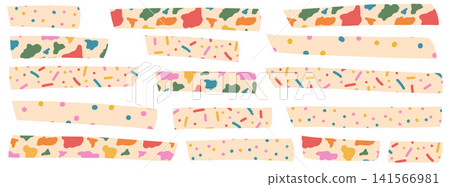 Paper tape strips form a collage set of patterned rectangles. Beige washi pieces show polka dots and colorful confetti. Playful vector paper tape collection for scrapbook layout or stationery design Paper tape strips form a collage set of patterned rectangles. Beige washi pieces show polka dots and colorful confetti. Playful vector paper tape collection for scrapbook layout or stationery design 141566981