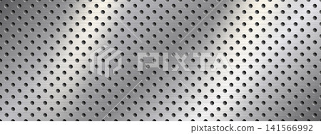 Metal texture of perforated plate with silver shine and light glow. Pattern with micro holes for industrial mesh background. Brushed steel wall vector template of perforated metal gradation 141566992