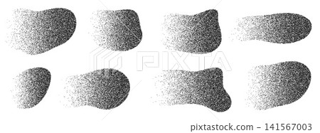 Gritty grain shapes and organic blob with spray scatter for tattoo flash poster. Abstract stipple grainy element and squishy blob form in soft black dot. Vector set of amoeba figures isolated on white Gritty grain shapes and organic blob with spray scatter for tattoo flash poster. Abstract stipple grainy element and squishy blob form in soft black dot. Vector set of amoeba figures isolated on white 141567003