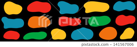 Organic blob elements with squishy irregular form for playful sticker and badge. Abstract splodge shapes in vibrant bold colors on black. Vector set of abstract geometric blotch organic shapes 141567006