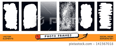 Pixel frame with grunge rough border for bold photo edge and text box. Y2k pixel frame holders with story card and social media post. Vector 8 bit retro layout set isolated for promotion 141567018