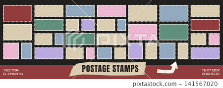 Frame and stamp collection with serrated rectangles in varied wide and tall formats. Pastel blue pink green and beige stamp shapes rest on dark brown. Soft vector frame set for scrapbook design 141567020