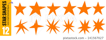Playful star set of 12 silhouettes with five point shapes and irregular spark bursts. Bright orange forms stay isolated on white background. Simple vector star set for sticker sheet design 141567027