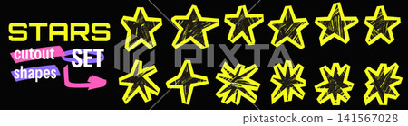 Star cutout set with punk collage forms and lively irregular points. Neon yellow outlines glow against black with rough paper edges. Edgy vector star cutout collection for sticker sheet design Star cutout set with punk collage forms and lively irregular points. Neon yellow outlines glow against black with rough paper edges. Edgy vector star cutout collection for sticker sheet design 141567028