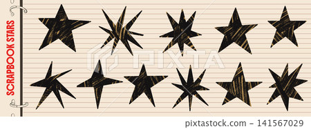 Rough spark and scrap star set with hand drawn charcoal marks. Black spark rays and beige scrap textures form varied pointed silhouettes. Vintage vector collection for notebook cover design Rough spark and scrap star set with hand drawn charcoal marks. Black spark rays and beige scrap textures form varied pointed silhouettes. Vintage vector collection for notebook cover design 141567029