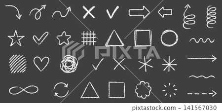 White Chalk Doodle Annotation Set with Arrows, Checks, Crosses, Stars, Spirals, Hearts, Waves, Geometric Shapes and Scribble Marks on Dark Blackboard Background White Chalk Doodle Annotation Set with Arrows, Checks, Crosses, Stars, Spirals, Hearts, Waves, Geometric Shapes and Scribble Marks on Dark Blackboard Background 141567030