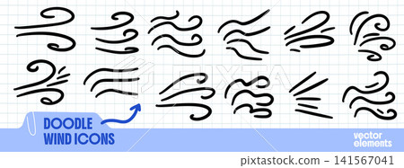 Wind air doodle icon set with hand drawn swirls and flow marks. Black doodle lines show breeze motion on a faint grid. Vector wind and air collection for infographic design or kids projects Wind air doodle icon set with hand drawn swirls and flow marks. Black doodle lines show breeze motion on a faint grid. Vector wind and air collection for infographic design or kids projects 141567041