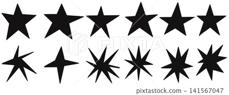 Monochrome star set of twelve silhouettes with five point shapes and jagged spark bursts. Solid black forms isolated on white background. Bold vector star set for poster design Monochrome star set of twelve silhouettes with five point shapes and jagged spark bursts. Solid black forms isolated on white background. Bold vector star set for poster design 141567047