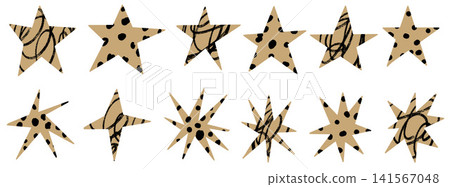 Star textured set with craft paper forms and expressive silhouettes. Beige pieces with scribbles and polka dots. Handmade vector star textured collection for scrapbook page and social media design Star textured set with craft paper forms and expressive silhouettes. Beige pieces with scribbles and polka dots. Handmade vector star textured collection for scrapbook page and social media design 141567048