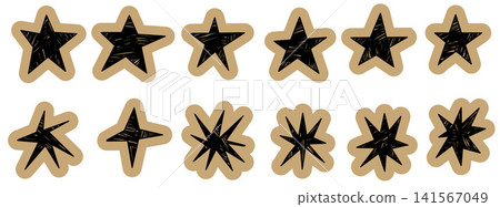 Star paper set with organic scrapbook shapes and loose hand drawn points. Black centers carry muted tan outlines and uneven cut edges. Natural vector star paper collection for journal page design Star paper set with organic scrapbook shapes and loose hand drawn points. Black centers carry muted tan outlines and uneven cut edges. Natural vector star paper collection for journal page design 141567049