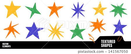 Playful uneven and star shape set with childlike crayon edges. Green blue orange and yellow uneven forms mix solid points with star bursts. Pastel vector collection for classroom poster design Playful uneven and star shape set with childlike crayon edges. Green blue orange and yellow uneven forms mix solid points with star bursts. Pastel vector collection for classroom poster design 141567050