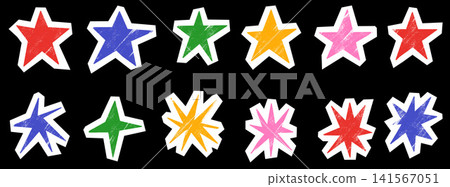 Paper star collection with cutout collage forms and lively pointed silhouettes. Red blue green yellow and pink pieces feature crisp white borders. Bold vector paper star set for greeting card design Paper star collection with cutout collage forms and lively pointed silhouettes. Red blue green yellow and pink pieces feature crisp white borders. Bold vector paper star set for greeting card design 141567051