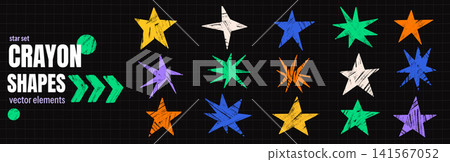 Vivid star and shape set with rough scribbled crayon. Blue green orange pink yellow and white star forms vary in shape on a dark grid backdrop. Playful vector collection for promotion sale design Vivid star and shape set with rough scribbled crayon. Blue green orange pink yellow and white star forms vary in shape on a dark grid backdrop. Playful vector collection for promotion sale design 141567052