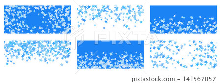 Six star confetti presentation panels frame varied falling and border arrangements. Blue and white layouts alternate dense edges. Vector star presentation collection for slideshow or scrapbook design Six star confetti presentation panels frame varied falling and border arrangements. Blue and white layouts alternate dense edges. Vector star presentation collection for slideshow or scrapbook design 141567057