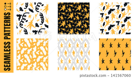 Seamless patterns of star scribbled crayon shapes scattered for kid notebook cover. Tossed yellow stars and tiny sparks and clouds in seamless collection. Hand drawn vector pattern with playful motif 141567060