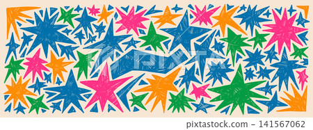 Star and pastel crayon doodle for kids sticker on beige. Orange, blue, green star figures with pastel chalk scribble spark and grain. Vector magic sparkle set isolated for Christmas party promo card Star and pastel crayon doodle for kids sticker on beige. Orange, blue, green star figures with pastel chalk scribble spark and grain. Vector magic sparkle set isolated for Christmas party promo card 141567062