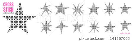 Crafted star cross stitch collection of twelve forms and angular spark bursts built from repeated marks. Black embroidery shapes isolated on white. Vector star cross set for greeting card design 141567063