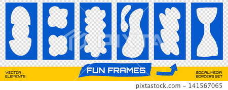 Kid funky frame with abstract figure border for social media story. Bold kid frames with transparent cutout on blue background. Vector set of playful doodle scallop element on checkered bg as png Kid funky frame with abstract figure border for social media story. Bold kid frames with transparent cutout on blue background. Vector set of playful doodle scallop element on checkered bg as png 141567065