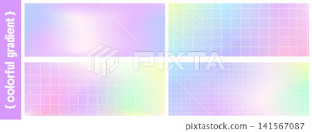 Gradient holographic gradation set in y2k with dash lines pattern background. Pastel grid paper presentation. Notebook graph plaid pastel unicorn with math mesh in green purple pink yellow lilac 141567087