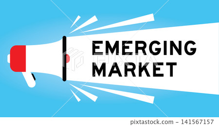 Color megaphone icon with word emerging market in white banner on blue background Color megaphone icon with word emerging market in white banner on blue background 141567157