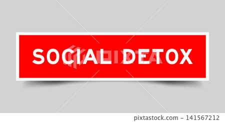 Red color square shape sticker label with word social detox on gray background Red color square shape sticker label with word social detox on gray background 141567212