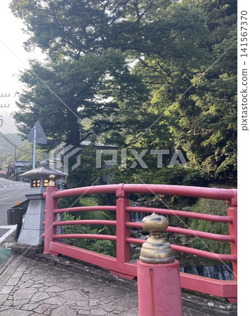 A Japanese landscape featuring a stream bathed in dappled sunlight and a red bridge. A Japanese landscape featuring a stream bathed in dappled sunlight and a red bridge. 141567370