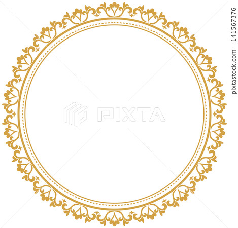 Round Gold Geometric Ornamental Frame Clipart Illustration for Luxury Wedding Invitation, Elegance Logo Border, Vintage Emblem, Scrapbooking Element, Card Making, and Decorative Seal Design 141567376
