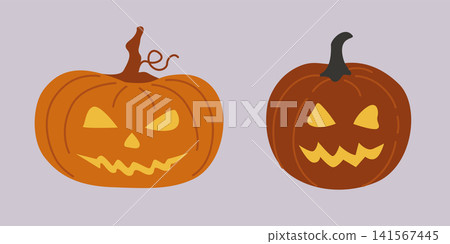 Hand-drawn Halloween pumpkin faces illustration with carved Jack-o-lantern face and light inside for seasonal decor or party Hand-drawn Halloween pumpkin faces illustration with carved Jack-o-lantern face and light inside for seasonal decor or party 141567445
