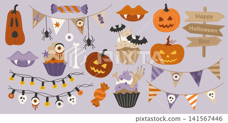 Hand-drawn Halloween set for party decor, bunting flags, jack-o-lantern pumpkin, wooden trick or treat signpost and scary sweets 141567446