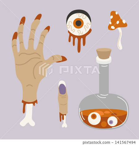 Hand-drawn Halloween dead zombie hand with bone, blood and severed finger, eyeball, witch's brew for seasonal decor Hand-drawn Halloween dead zombie hand with bone, blood and severed finger, eyeball, witch's brew for seasonal decor 141567494