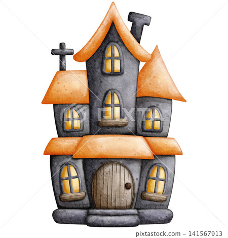 Watercolor Halloween Haunted House Castle Clipart Illustration for Spooky Party Decor, Halloween Night Invitation, Scrapbooking, Sticker Design, and Crafts 141567913