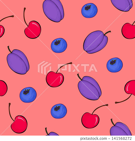 Cute Hand Drawn Fresh Fruits Seamless Pattern on Red Background. Colorful Dessert Illustration for Wrapping Paper, Fabric and Textile Design Cute Hand Drawn Fresh Fruits Seamless Pattern on Red Background. Colorful Dessert Illustration for Wrapping Paper, Fabric and Textile Design 141568272