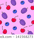 Cute Hand Drawn Fresh Fruits Seamless Pattern on Pink Background. Colorful Dessert Illustration for Wrapping Paper, Fabric and Textile Design 141568273