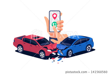 Two car collision crash accident with smartphone in hand isolated on white Two car collision crash accident with smartphone in hand isolated on white 141568560