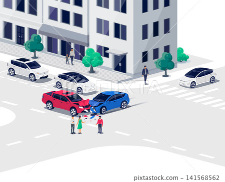 Two car collision crash accident on city street road Two car collision crash accident on city street road 141568562