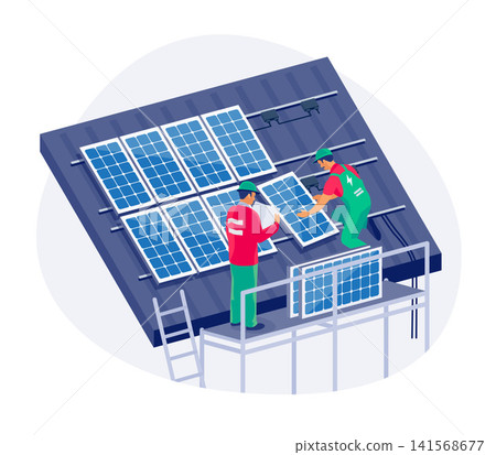 Solar panels installation on family house roof with ladder and scaffolding Solar panels installation on family house roof with ladder and scaffolding 141568677