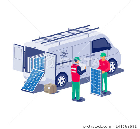 Solar panels installation with technician worker and service car van Solar panels installation with technician worker and service car van 141568681