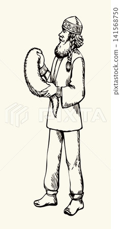 Vector drawing. Man sells a fur Vector drawing. Man sells a fur 141568750